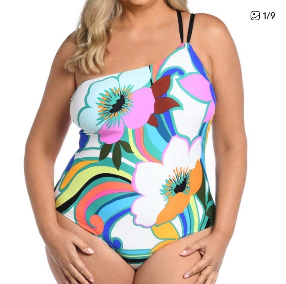 La Blanca Suncatcher Lace Up One Shoulder One Piece Swim Suit 22W NWT